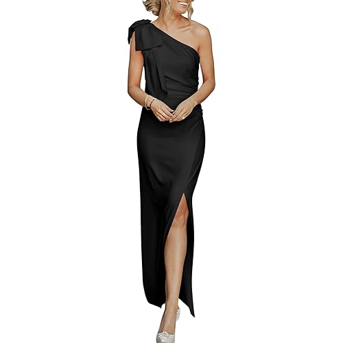 ANRABESS Women's Summer One Shoulder Long Formal Dresses Sleeveless Ruched Bodycon Wedding Guest Slit Maxi Dress