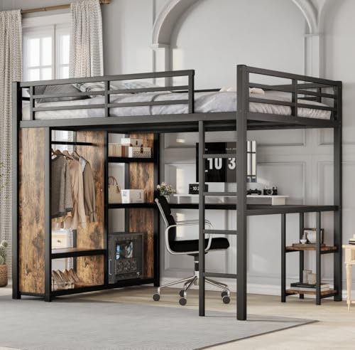 Image of Bellemave Queen Size Loft Bed with Desk and Wardrobe, Metal Queen Loft Bed Frame for Adults, Kids, Teens, Black and Woodgrain
