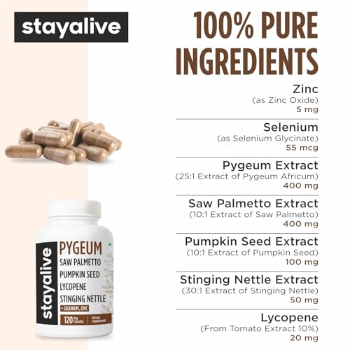 Image of STAY ALIVE Pygeum Africanum Supplement, 7-in-1 Extract w /Saw Palmetto, Pumpkin Seed, Stinging Nettle and Lycopene, 120 Vegan Capsules, Non-GMO and Gluten-Free Pygeum Supplement for Men and Women