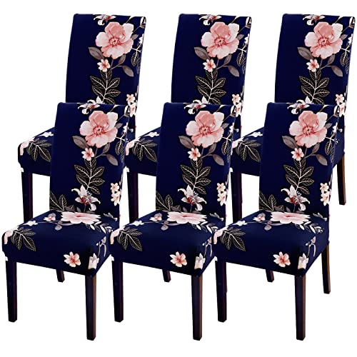 SearchI 4/6 PCS Stretch Stuhlbezug Schonbezüge Waschbar Sitzabdeckung Moderne Stuhlhussen Dekoration Abnehmbar Chair Cover für Esszimmer Hotel Restaurant (Dunkelblau Blume, 6PCS) Cover