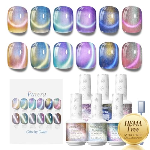Image of AZUREBEAUTY 15ml HEMA Free Purera Cat Eye Gel Nail Polish Set with Magnet, 6 Colors Aurora Galaxy Shimmer Glitter Holographic Soak Off UV LED Nail Art for DIY at Home Manicure Salon Gift
