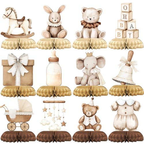 12 Pcs Neutral Baby Shower Decorations - Vintage Boho Baby Shower Centerpieces for Tables - Neutral Honeycomb Table Decor with Baby Essentials Teddy Bear Elephant for Baby Shower 1st Birthday