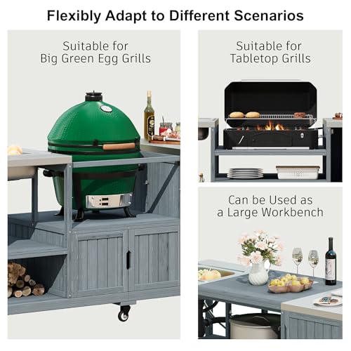 Image of Merax 75.4 inch Outdoor Grill Table for Big Green Egg, Outdoor Grill Cart with Sink, Solid Wood Grill Station Prep Table with with Stainless Steel Tabletop and Storage for Pizza Prep & BBQ,Grey Blue