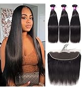 Human Hair Bundles with Frontal(14 16 18+14,Free Part)Straight Bundles with 13x4 Lace Frontal Clo...