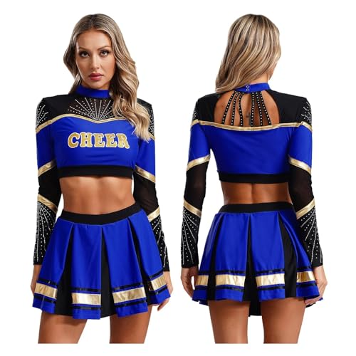 TXLEAPEY Uniforme de pom-pom girl for femmes, 2 pièces, Costume de danse de fête d'école de basket-ball, haut court à paillettes à manches longues avec ensemble de jupe plissée(Blue,XX-Large)