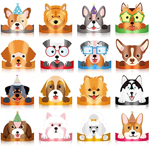 Woanger 32 Pcs Dog Party Hats Paper Party Crown Headbands Puppy Birthday Party Hats Adjustable Dog Party Decorations Party Favors Kids' Party Hats Paper Crown with 32 Ropes for Kids Party (Dog Style)