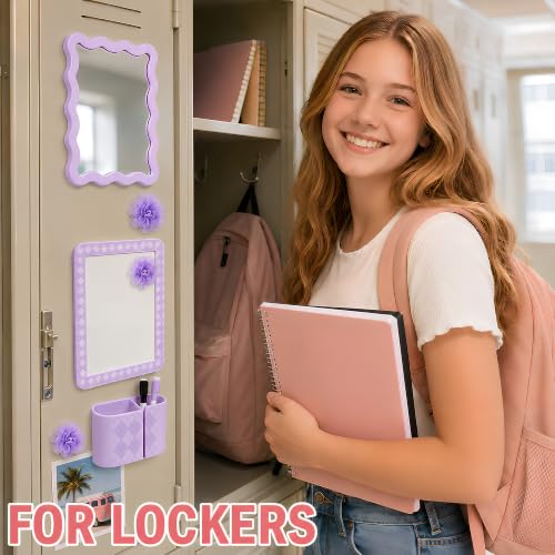 Image of 8 PCS Purple Locker Accessories Kit for Girls with Magnetic Mirror Whiteboard Pen Holder Flower Magnets Cute Aesthetic Locker Decoration Set for School Dorm Office Organization