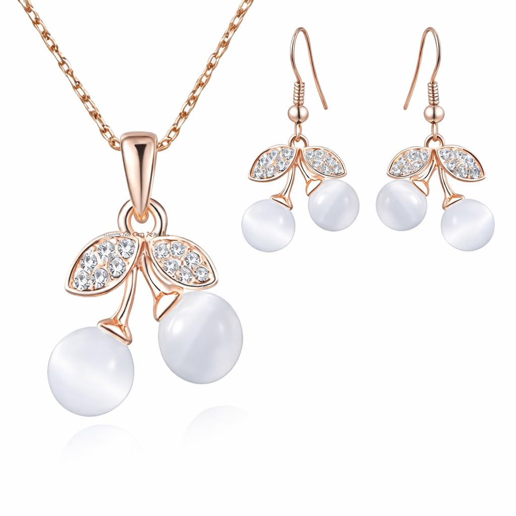 Valentine Gift Crystal Jewellery Rose Gold Plated Dangling Cherry Shape Stylish Pendant Necklace Set With Earrings Studded Artificial Pearls For Girls And Women Ps1000730-image-16