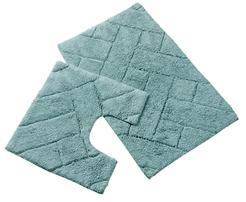 Olivia Rocco Bali 2 Piece Bath Mat Set Super Soft 100% Cotton Easy Care Plush Bath Rug + Toilet Mats Water Absorbent Pedestal Bathmat For Bathroom Toilet Shower, Duck egg