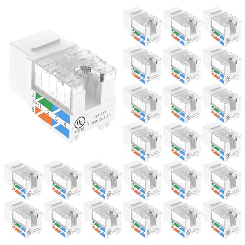 VCE UL Listed 10Gbps Cat6 Keystone Jack Insert 25-Pack 90 Degree Punch Down RJ45 Keystone Jack Adapter Slim Profile for Patch Panel and Wall Plate White