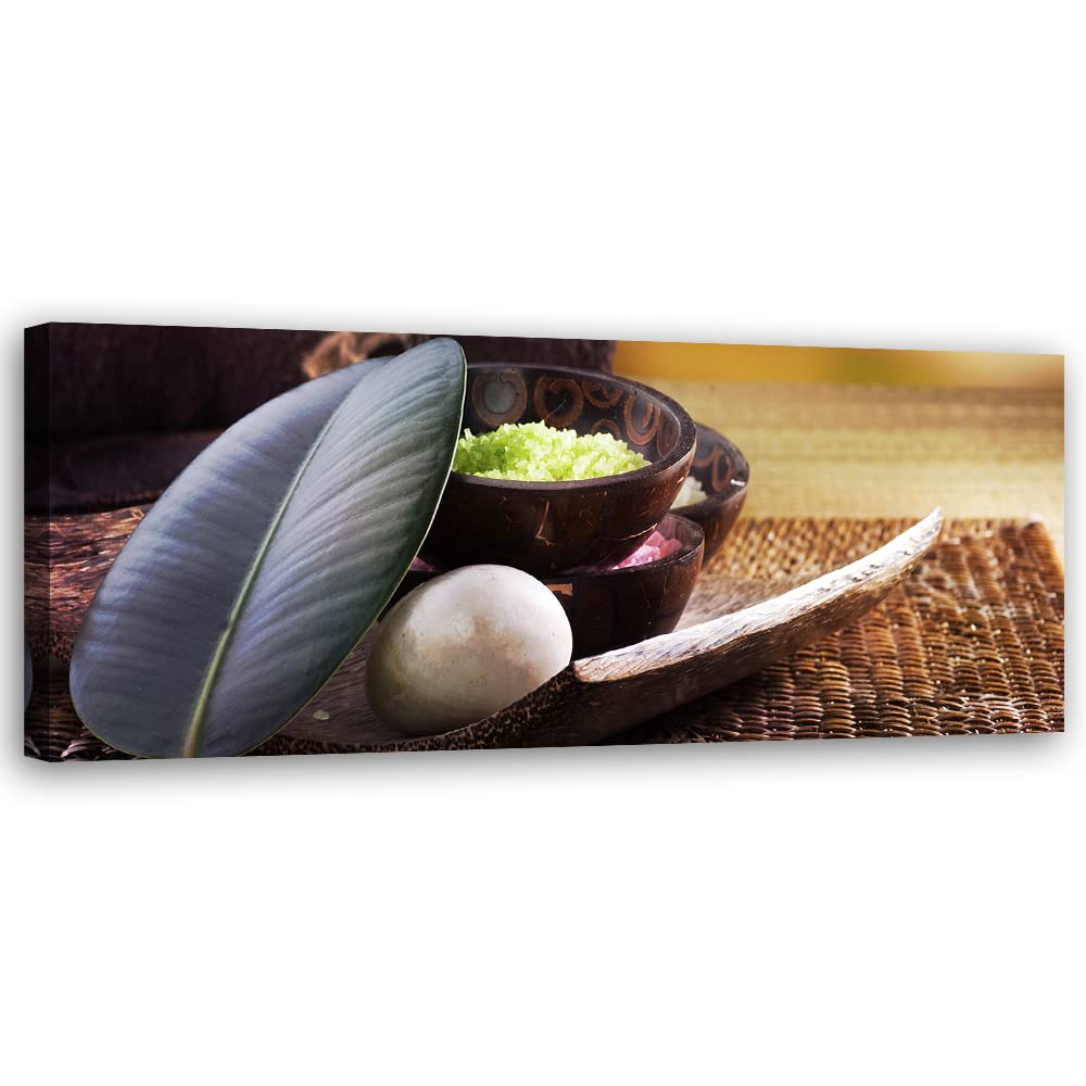 Feeby Vlies Leinwandbild Badesalz Entspannung Großes Blatt 150x50 cm Wanddeko Design Kunstdruck Zimmerdeko Bilderwand Stein Spa Innerer Frieden Braun