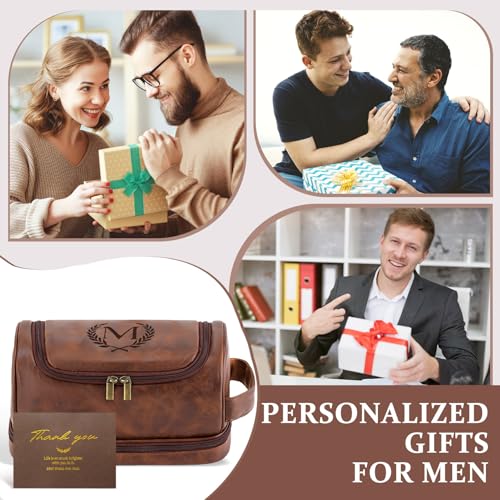 Personalized Christmas Birthday Gifts Toiletry Bag for Men Dad Husband, Custom Initial PU Leather Waterproof Toiletry Organizer Dopp Kit Shaving Bag Travel Essential for Men, Reddish Brown J2