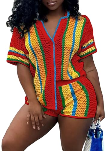 Summer 2 Piece Short Sets For Women Crochet Short Sleeve Shirt and Shorts Matching Set Vacation