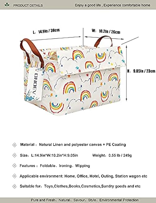 Rectangular Fabric basket with cover and handle, decorative basket and closet storage box for clothes, books and sundries£¨rainbow with lid£©, 14.9x10.2x9.05 Inch (Pack of 1)