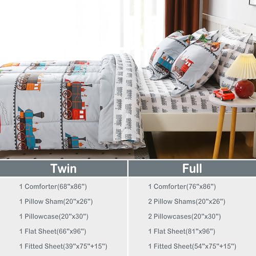 Viviland Kids Full Double Bedding Sets for Boys, Soft Full Double Comforter Set with Sheets, 7 Pieces Microfiber Bed in a Bag, Light Grey Train by Viviland - Image 2