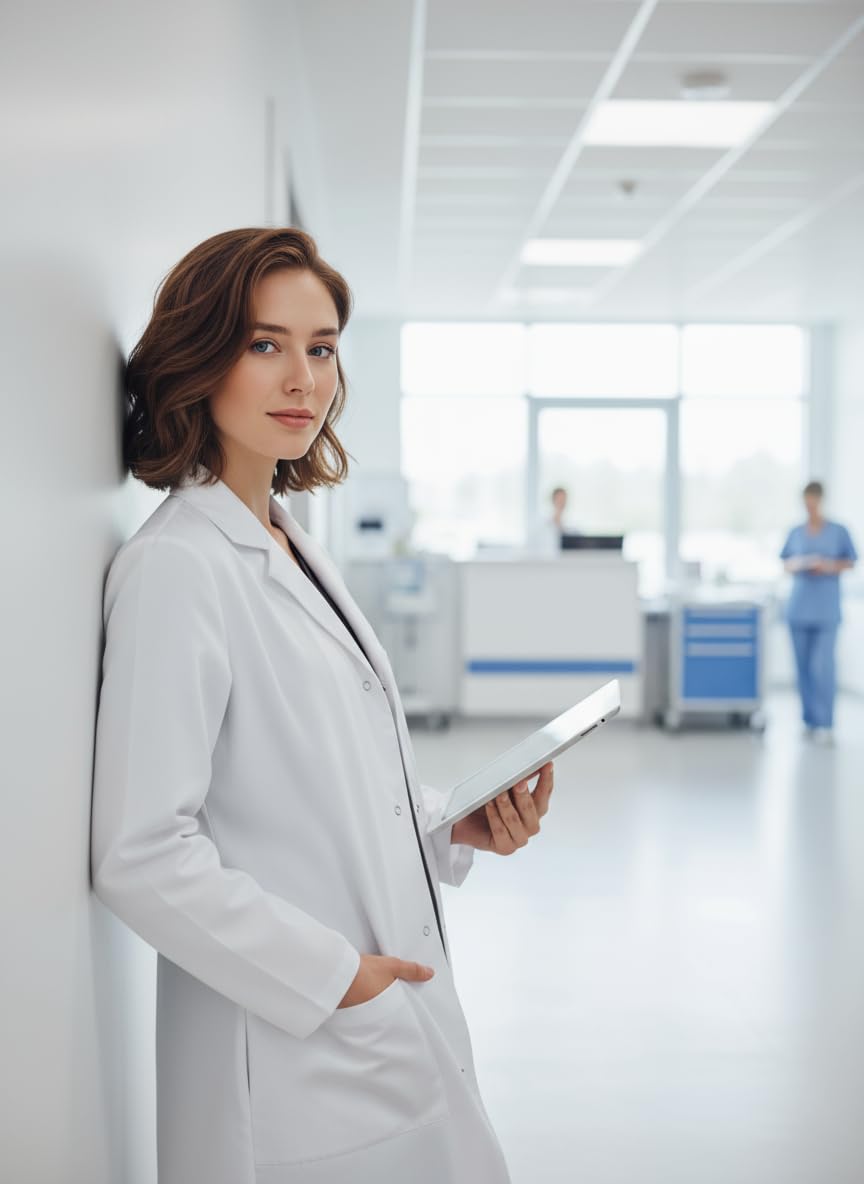 Unisex medyczny fartuch laboratoryjny dla mężczyzn i kobiet, kieszenie na biodrach i klatce piersiowej, klasyczny krój, zapięcie na zatrzask, długość 100 cm