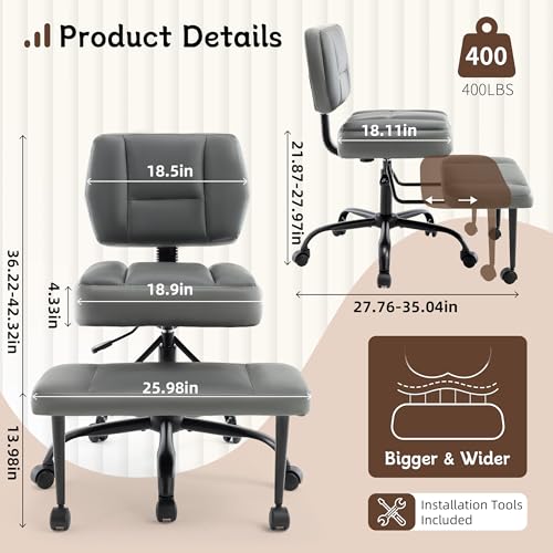 Image of Ergonomic Criss Cross Legged Office Chair, ADHD Chair, 360 Swivel Meditation Kneeling Chair with Wheels, Adjustable Footrest, Bigger & Wider Height Adjustable Seat, Strong Lumbar Support, Grey PU