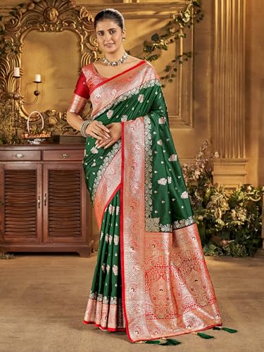 Image of Mehrang Women's Banarasi Silk Kanjivaram Saree For Wedding With Pure Zari Work, Woven Design, With Unstitched Blouse Piece