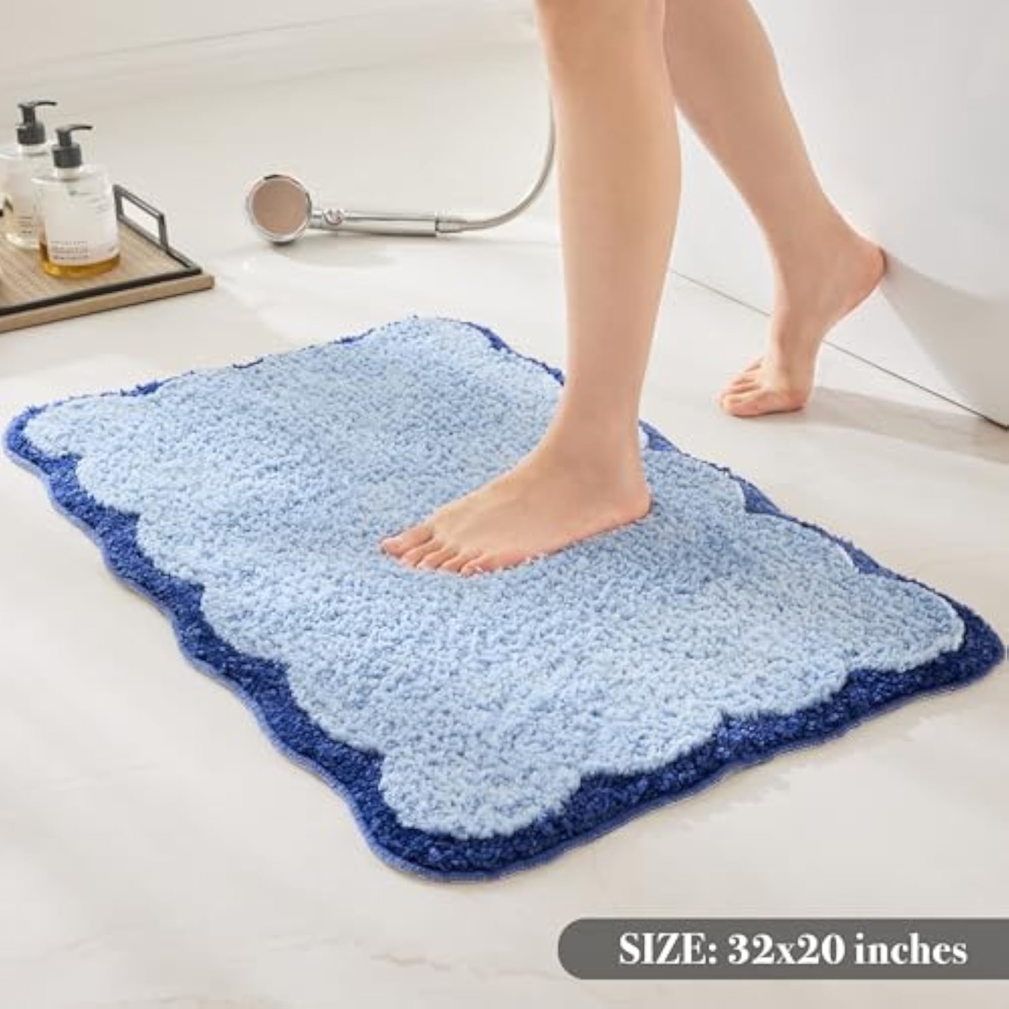 Luxury Microfiber Bathroom Rug, Navy Blue Scalloped Piping