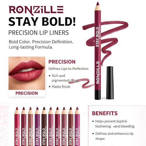 Image of Ronzille Super Stay Matte Lip Liner | Long Lasting Lip Pencil | Smooth Glide Crayon | Waterproof Matte Finish | Lip Definer for Women Set of 5