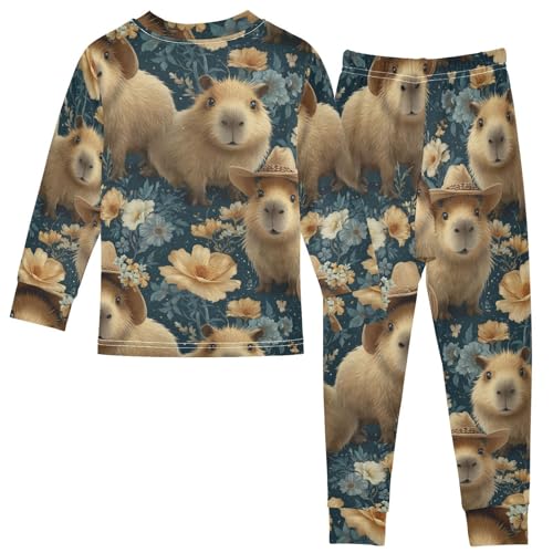 Pajama Sets Long Sleeve Cute Capybara Floral Background Soft Comfy Sleepwear 2 Piece PJS 3-8T3