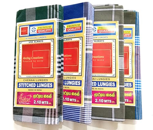 Premium Cotton Lungi, Handloom Stitched, 2.10 Meters, Multi color (Pattern may change)