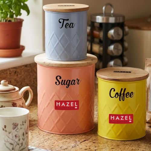 Image of HAZEL Tea Coffee Sugar Container Set of 3 with Airtight Wooden Lid