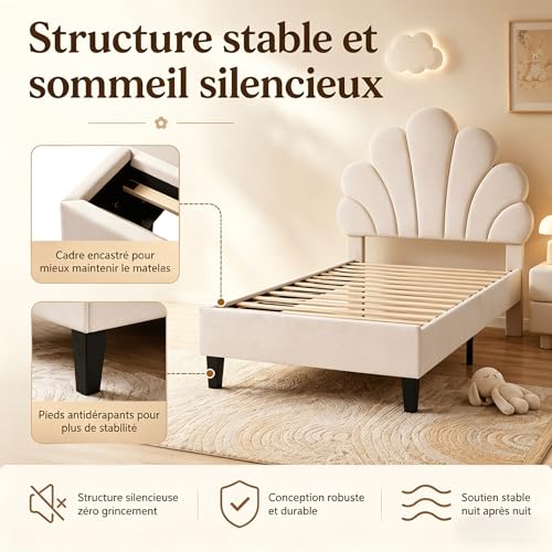Lit Enfant 90x200 Velours Beige Tête Fleur BRILVERDE