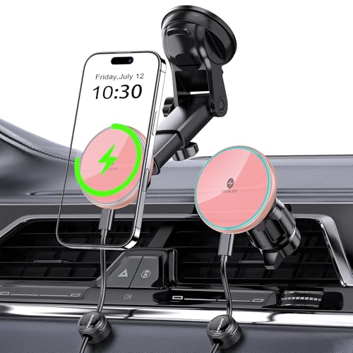 MOKPR for Mag-Safe Car Mount Charger, Magnetic Phone Holder for Your Car Charger Dash Windshield Vent Magnetic Wireless Car Charger Mount for iPhone 17 16 15 14 13 12 Pink