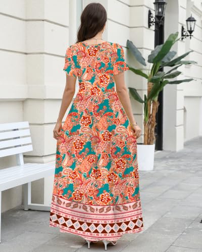 Image of COSSEN Women's Crew Neck Short Sleeve Maxi Dress with Pockets Casual Loose Swing for Wedding Guest Beach Vacation
