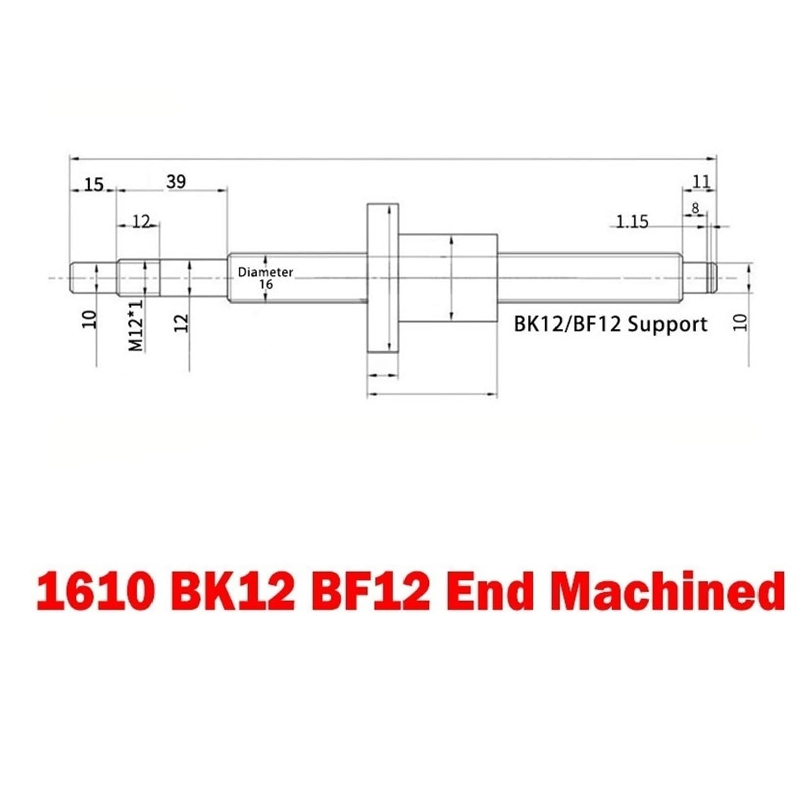 GTPBAO SFA1610 Kugelumlaufspindel mit einzelner Kugelmutter, C7 gerollt, 16 mm Durchmesser, 10 mm Steigung, BK12 BF12 endbearbeitete Schraube for Roboterarm Bewegungsschiene(600mm 23.62" long)