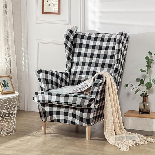 Chickwin Funda Sillon Orejero Elástica, Funda Sillon Orejero con Cojin Separado, Funda Geometría Moderna Sofa 1 Plaza, Fundas para Sillones Orejeros Lavables (Cuadros Negros)
