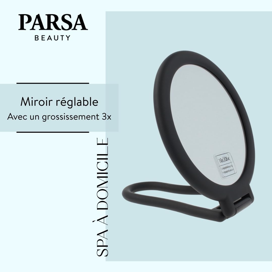 PARSA Beauty Miroir de maquillage rond à poser avec finition douce au toucher Double face (normale et grossissante x3) Pour le maquillage et la coiffure Noir