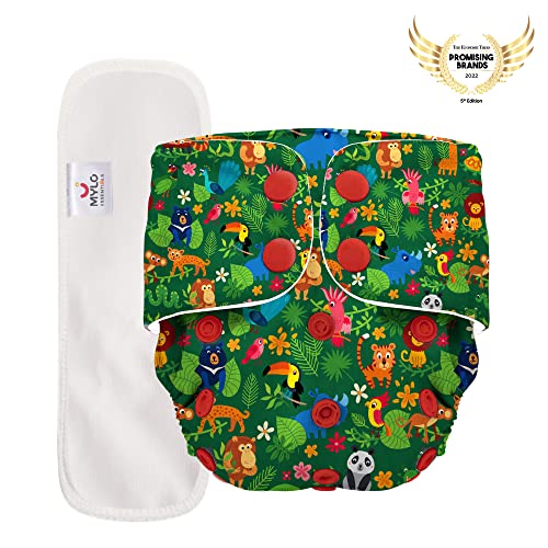 Image of Mylo Leak Proof Baby Cloth Diaper Combo (3 Diaper & 3 Inserts) for 3 Months to 3 Years Babies | Oeko Tex Certified Washable & Reusable Baby Cloth Diaper | Free Size - Jungle, Celebration & Purple Love