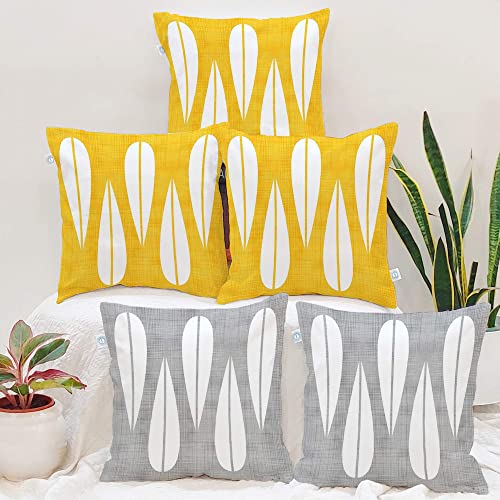 STITCHNEST Leaf Yellow Grey Printed Poly Cotton Cushion Covers, Set of 5 (16 x 16 Inches with Filler)