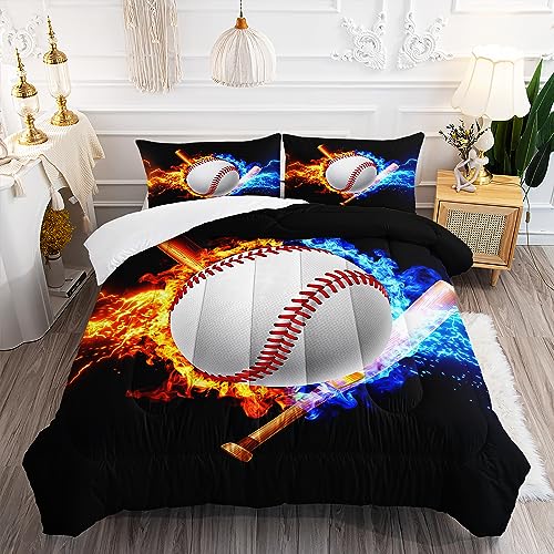 AILONEN Baseball Comforter Set Full Size, Baseball Sport Bedding Set,Boys Comforter Set,3D Fire Flame Baseball Printed Duvet Set 3 Pieces, 1 Quilt and 2 Pillowcases