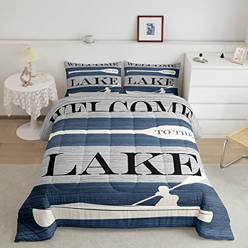 Go Boating Comforter Set Queen Size,Rustic Farmhouse Old Barn Bedding Set 3Pcs For Kids Teens Adults Home Room Decor,Lake Life Lover Quilted Duvet Vintage Navy Blue Bedspread,2 Pillowcases #TOP17