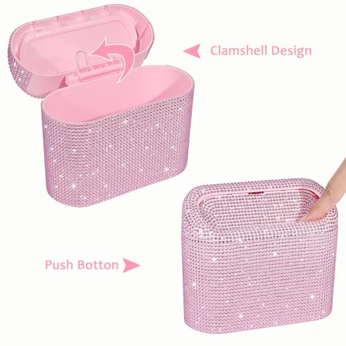 Image of Accmor Bling Car Trash Can with Lid, Leak-Proof Mini Vehicle Trash Bin Automotive Dustbin Organizer Storage, Sparkling Crystal Trash Bag Container with 30pcs Garbage Bags for Car, Home, Office (Pink)