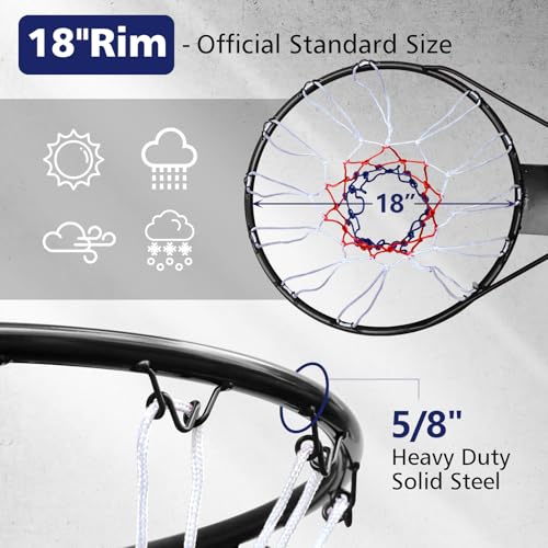 MIUDGIG 18" Basketball Rim Replacement, Heavy Duty Basketball Hoop Rim and Net, Universal Professional Solid Steel Backboard Rims Fits In-Ground & Wall-Mounted Basketball Hoops, Indoor/Outdoor (Black)
