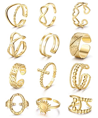 Chriscoco 12 Piezas Anillo de Acero Inoxidable Ajustable Para Mujer y Niña   Regalo Aniversario