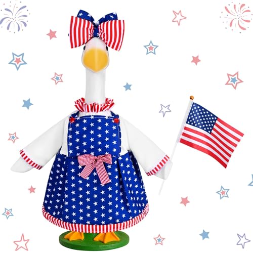 4th of July Goose Outfit Porch Goose Patriotic Outfits Independence Day Stars Stripes Dress with Bow and American Flag Fits 23" Geese Statue for USA 250th Anniversary Outdoor Garden Yard Patio Decor