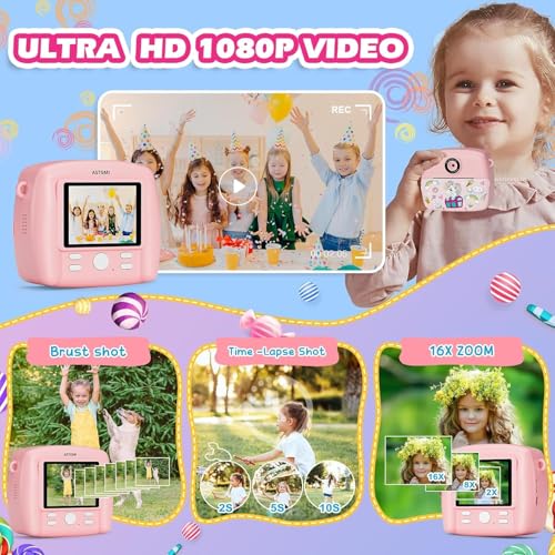 Sofortbildkamera Kinder,Kinderkamera Kompaktkameras 1080P HD Sofortdruck von Fotos,Geburtstagsgeschenk Weihnachten Geschenk Spielzeug ab 3 4 5 6 8 7 9 10 11 Jahre Mädchen Jungen 3 Rollen Fotopapier
