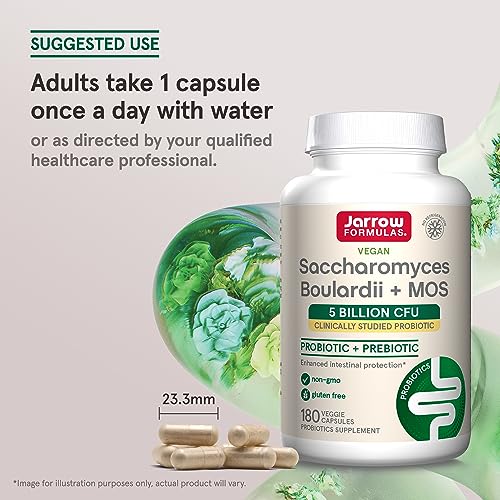 Image of Jarrow Formulas Saccharomyces Boulardii+MOS Probiotics for Digestive Health & Intestinal Tract Support-5 Billion CFU Per Serving-180 Delayed Release Caps - Probiotic+Prebiotic-180 Servings,(Pack of 2)