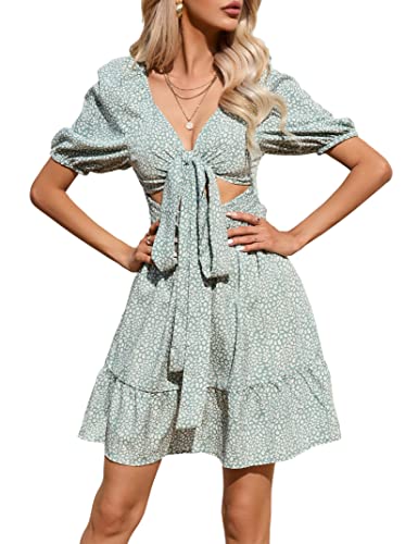KOJOOIN Damen Sommerkleid Kurz Gesmoktes Kleid V-Ausschnitt Minikleid...