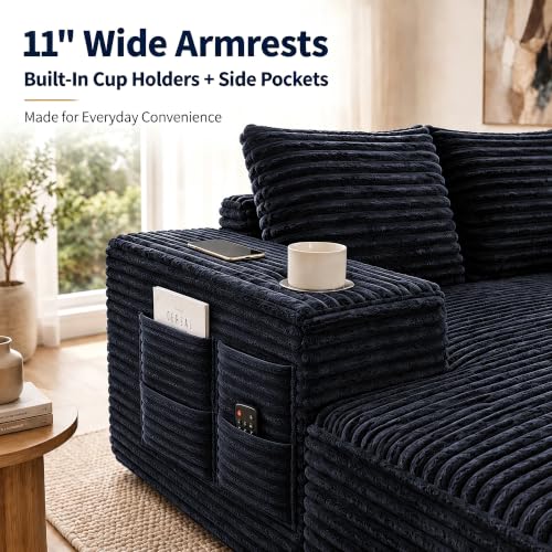 Image of 122 inch Oversized Cloud Sectional Couch for Living Room, 7 Seater U Shaped Sofa Modular Boneless Couch with Chaise | Deep Seater | Cup Holder | Side Pocket | No Assembly | Plus Corduroy, Dark Gray