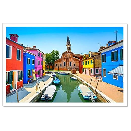 Venice Landmark, Burano Island Canal, Colorful Houses, Church and Boats, Italy Paper Print Wall Art (12in. x 18in.)