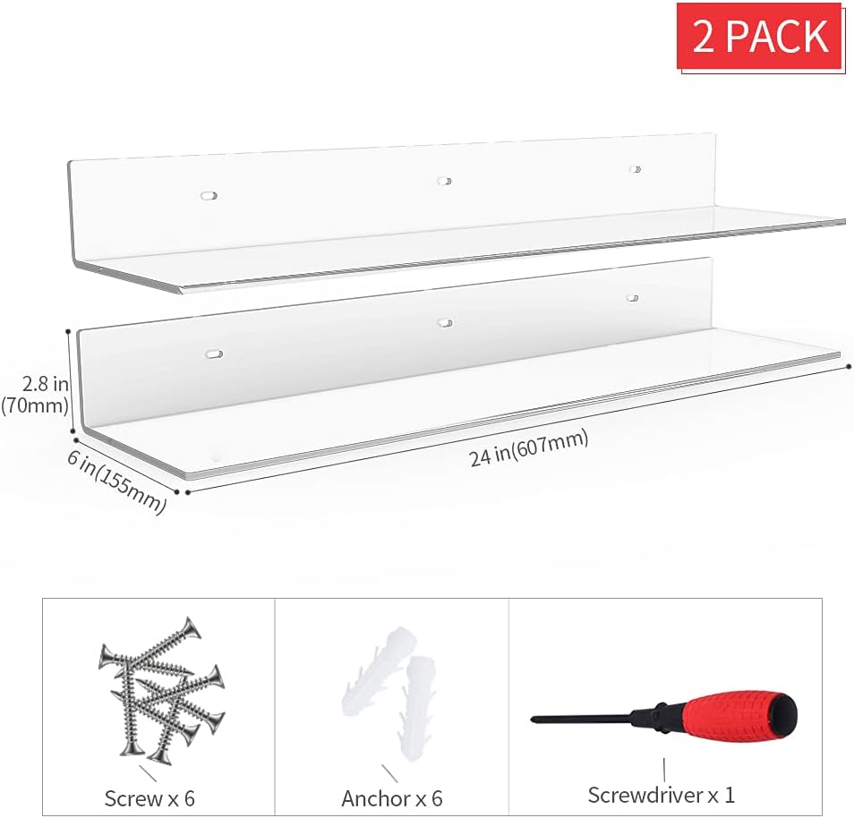 24 Inches Clear Floating Shelves for Wall, Acrylic Long Wall Shelf, Wall Mounted Shelves for Plants, Speaker, Radio, Funko Pop, Stuffed Animal, Books, Cosmetics, Toiletries, 2 Pack (24 Inch)