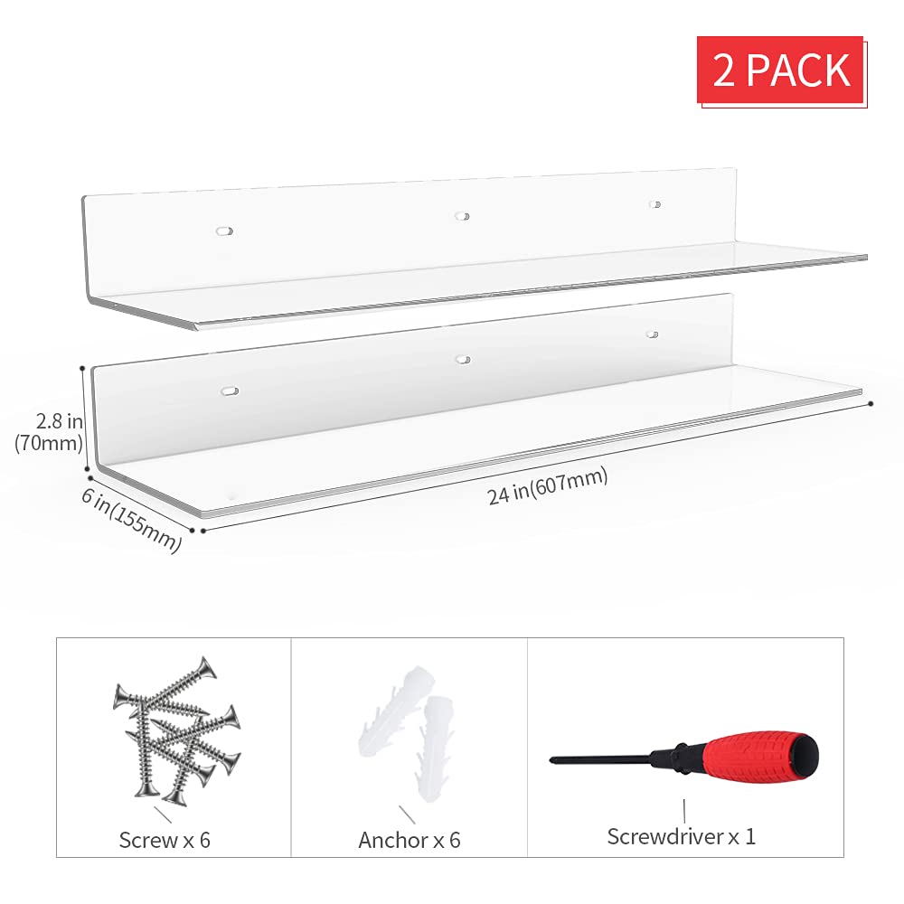 Sezanrpt 24 Inches Clear Floating Shelves for Wall Acrylic Long Wall Shelf, Wall Mounted Shelves for Plants Speaker, Radio - Image 2