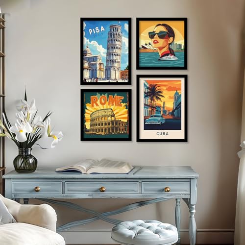 Image of kotart Retro Travel Theme - Modern Art City Vibes Wall Decor Photo Frames - Framed Posters - Wall Poster with Frame for Room Office Living Room Hotel Home Decor Set of 8 (Art 5, Big(13x17 or 13x13 inch), Framed)