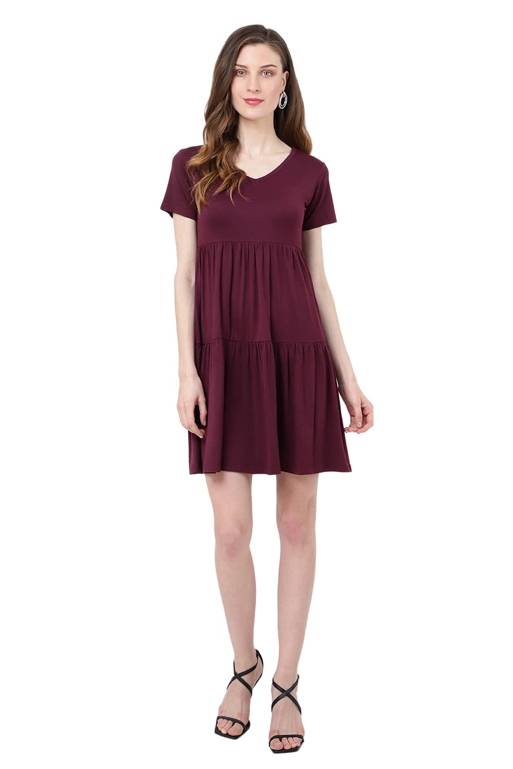Miss Lavish London Women's V Neck Tiered Summer Dress Casual Short Sleeve Swing T Shirt Mini Dresses
